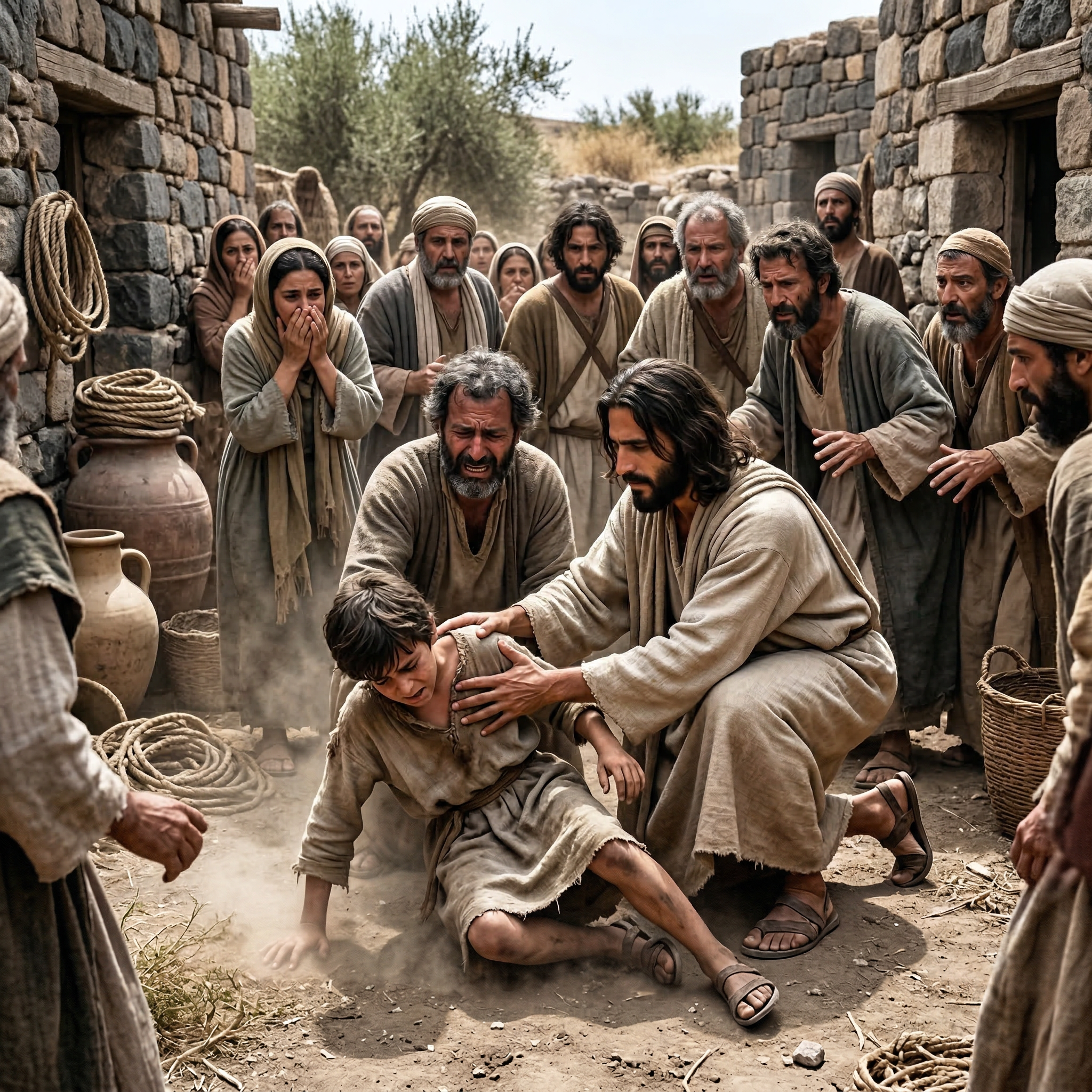 Image of Yeshua kneeling beside boy on ground
