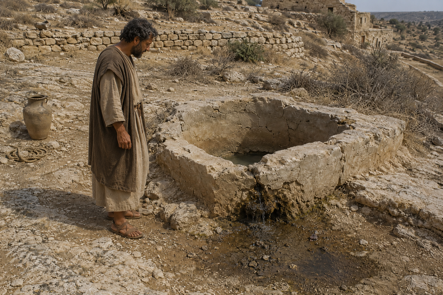Image of man beside a broken cistern