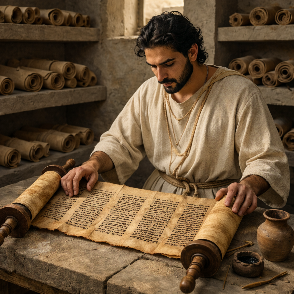 Image of man in library reading scroll